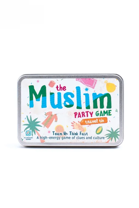 The Muslim Party Game tin with Beliefs, History and Cultures category cards fanned out