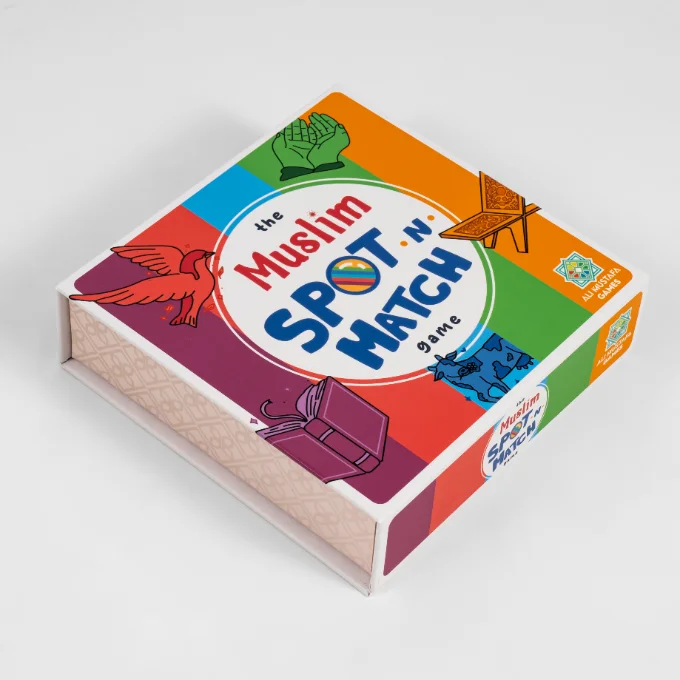 The Muslim Spot-N-Match Game box with illustrated symbol cards on the lid